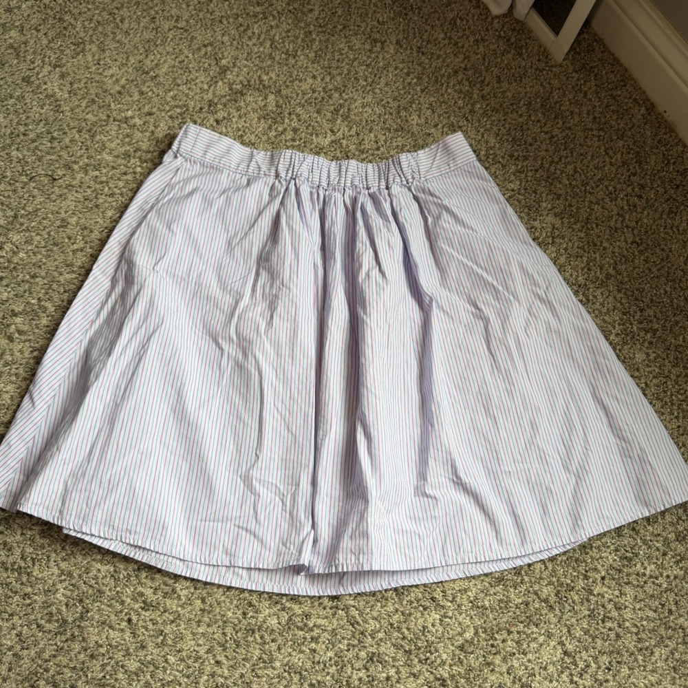 J.Crew Blue Pink Striped Cotton ALine Mini Skirt Size M Elastic Waist + pockets